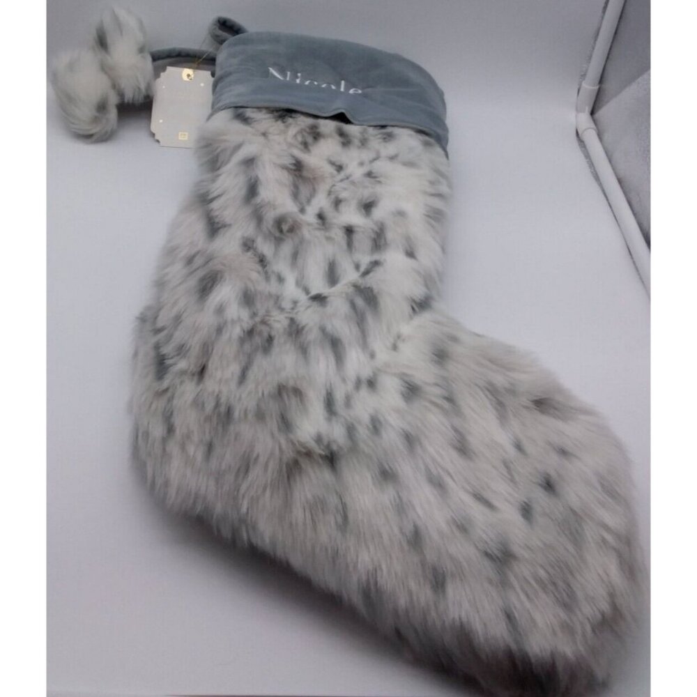 Pottery Barn Teen Nicole Christmas Holiday New Grey Leopard Faux Fur Stocking